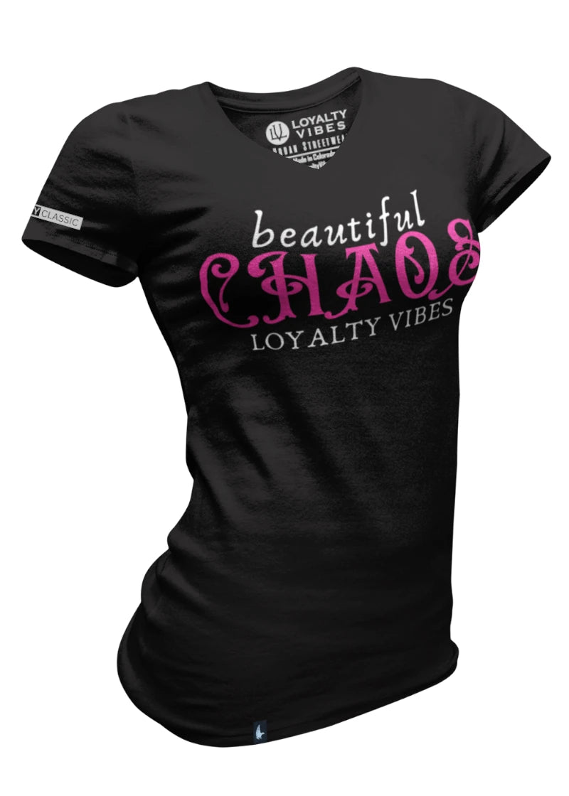 Beautiful Chaos V-Neck Tee - Black/Pink - Loyalty Vibes