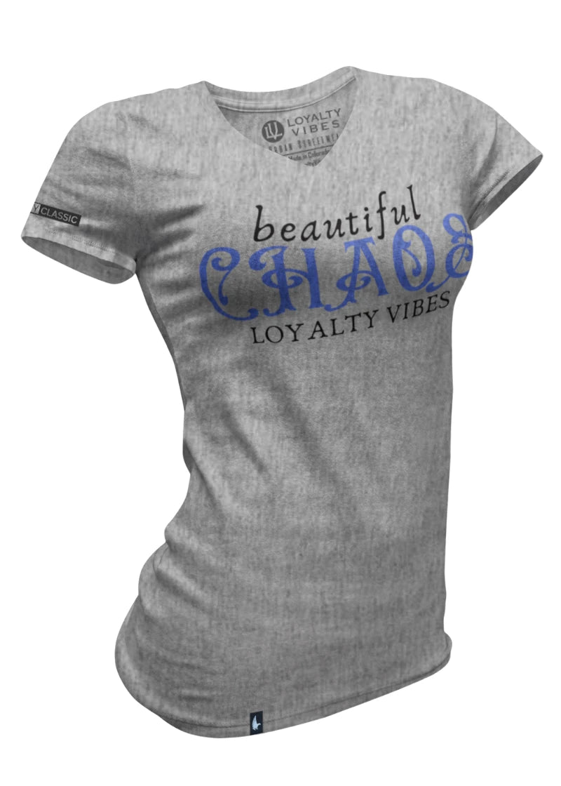 Beautiful Chaos V-Neck Tee - Heather Grey/Blue - Loyalty Vibes