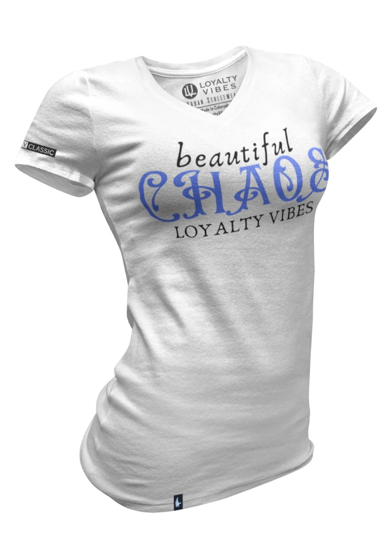 Beautiful Chaos V-Neck Tee - White/Blue - Loyalty Vibes