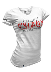 Beautiful Chaos V-Neck Tee - White/Red - Loyalty Vibes