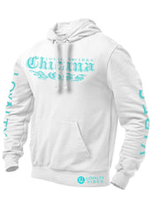 Chicana Boss Hoodie White Teal - Loyalty Vibes