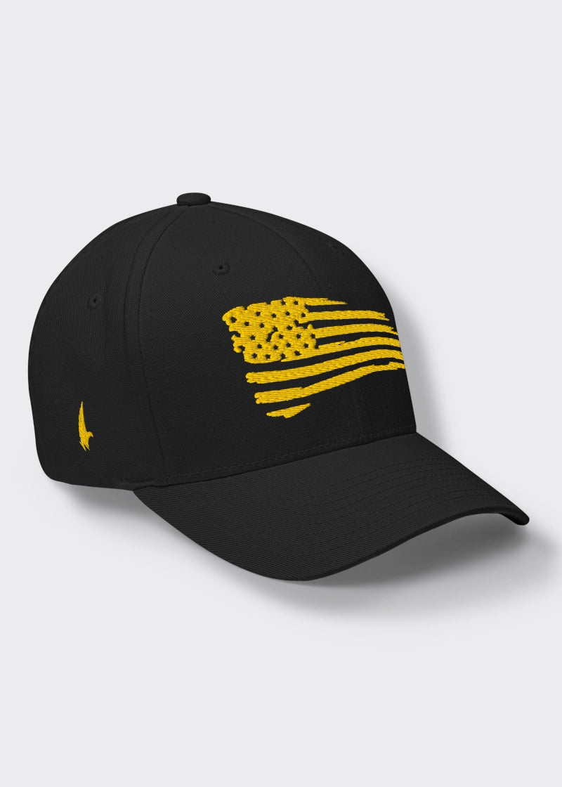 Distressed American Flag Fitted Hat - Black/Yellow - Loyalty Vibes