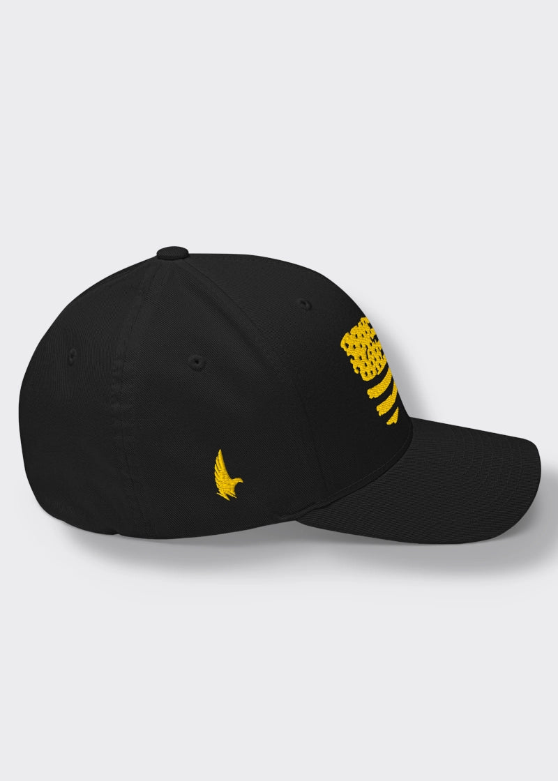 Distressed American Flag Fitted Hat - Black/Yellow - Sideview - Loyalty Vibes