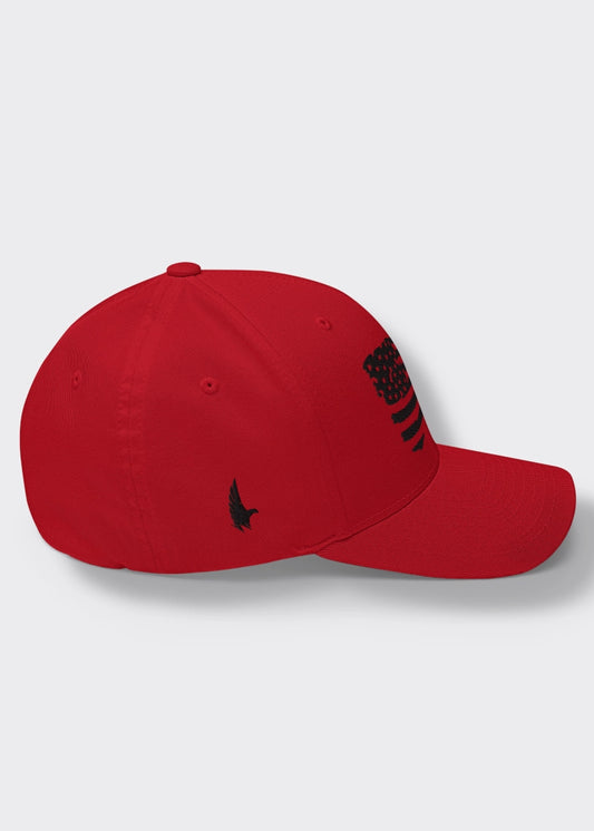 Distressed American Flag Fitted Hat - Red/Black - Sideview - Loyalty Vibes