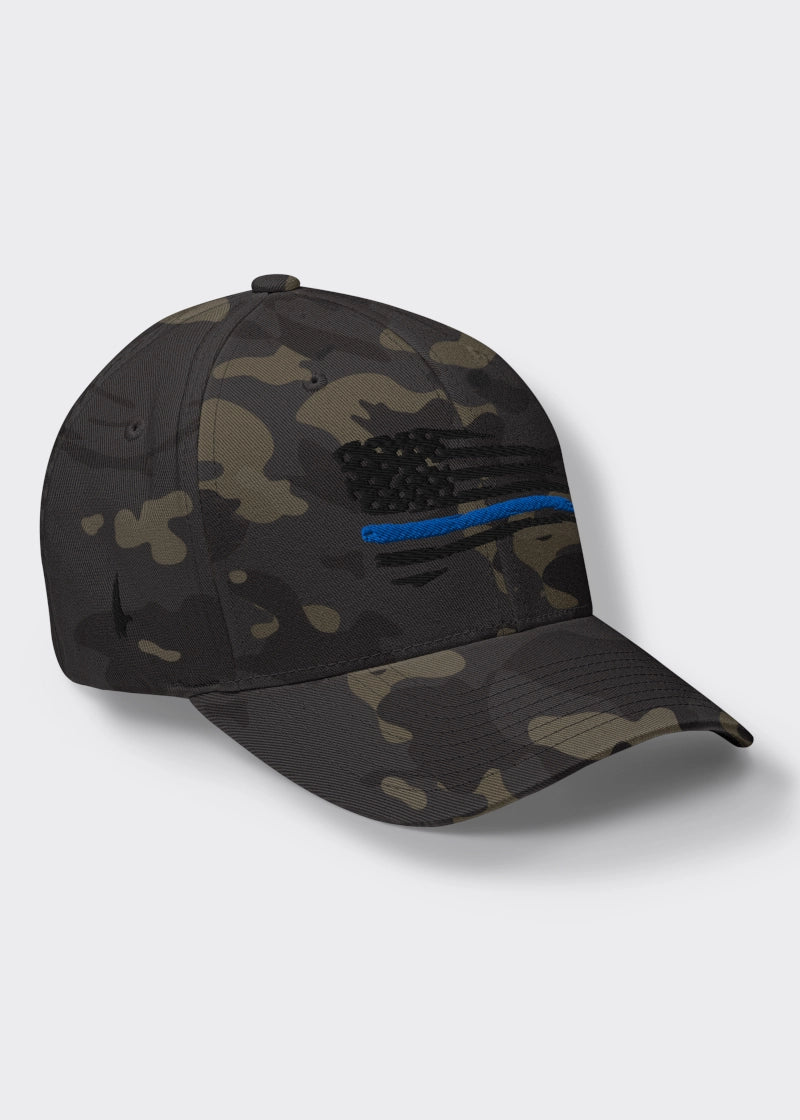 Distressed Blue Line American Flag Fitted Hat - Black Camo/Black - Loyalty Vibes