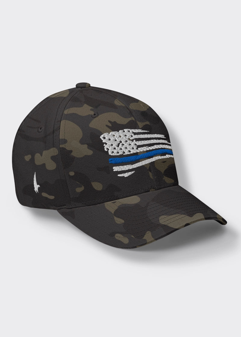 Distressed Blue Line American Flag Fitted Hat - Black Camo - Loyalty Vibes