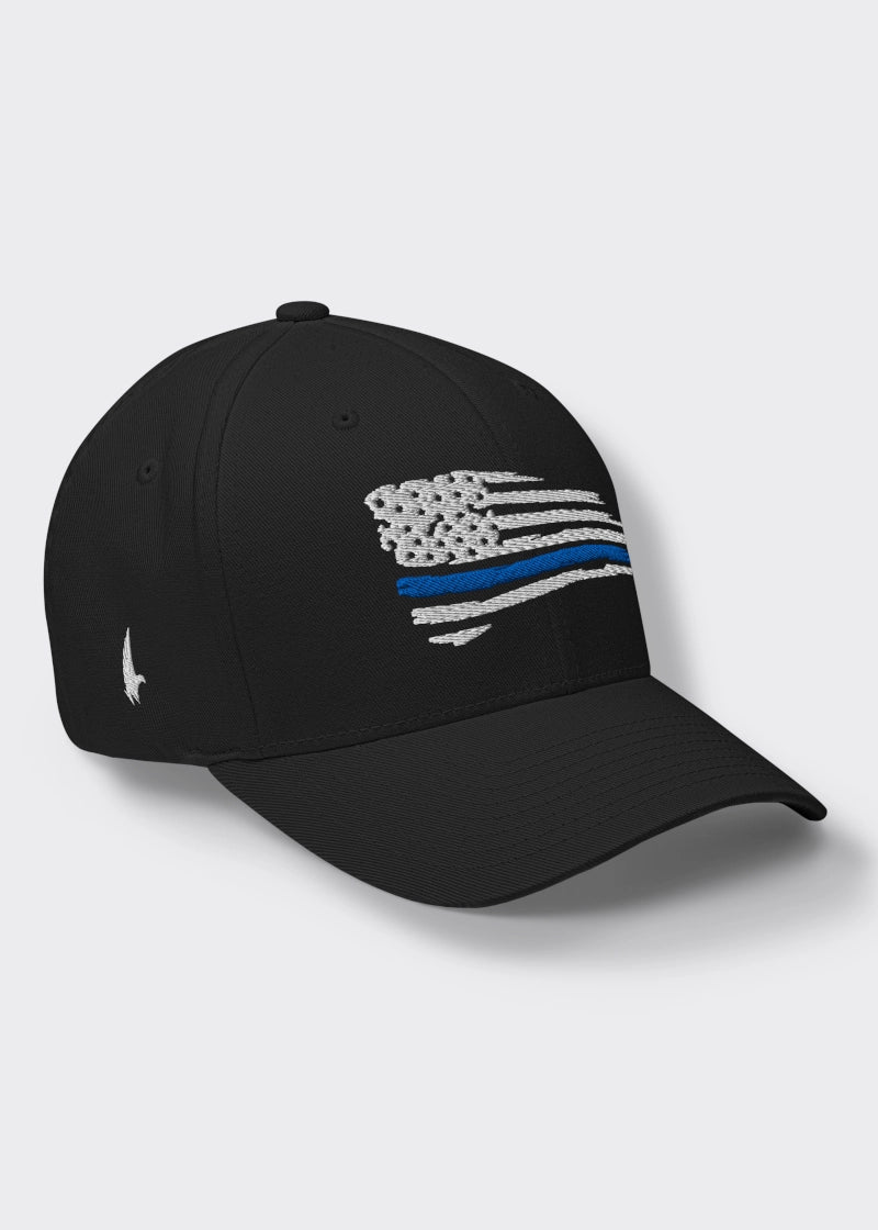 Distressed Blue Line American Flag Fitted Hat - Black - Loyalty Vibes