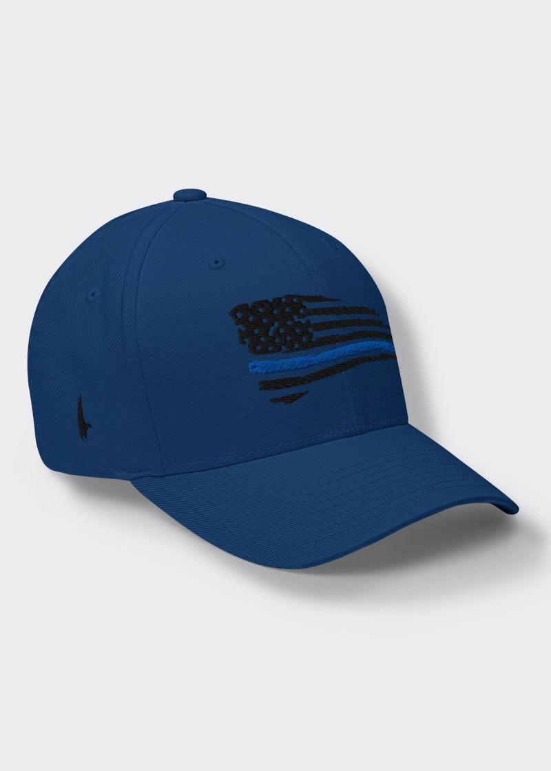 Distressed Blue Line American Flag Fitted Hat - Blue/Black - Loyalty Vibes