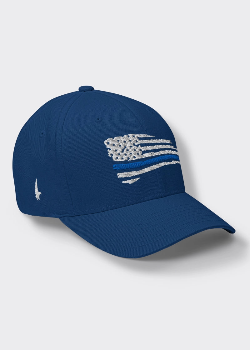 Distressed Blue Line American Flag Fitted Hat - Blue - Loyalty Vibes