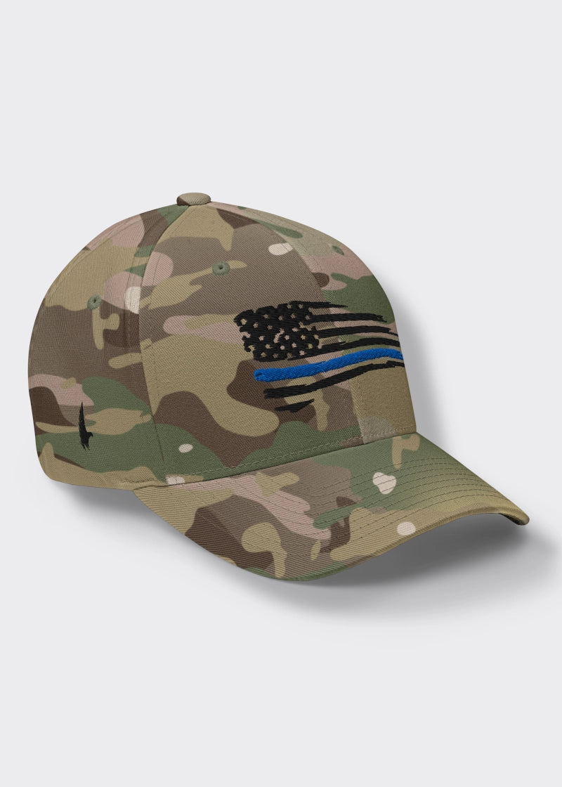 Distressed Blue Line American Flag Fitted Hat - Camo/Black - Loyalty Vibes