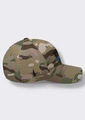 Distressed Blue Line American Flag Fitted Hat - Camo/Black - Sideview - Loyalty Vibes