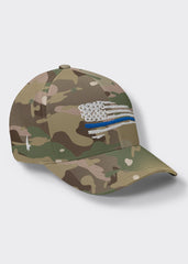 Distressed Blue Line American Flag Fitted Hat - Camo - Loyalty Vibes