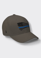 Distressed Blue Line American Flag Fitted Hat - Charcoal Grey/Black - Loyalty Vibes