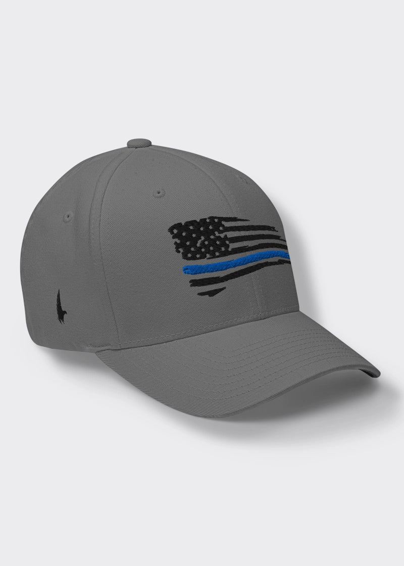 Distressed Blue Line American Flag Fitted Hat - Grey/Black  - Loyalty Vibes