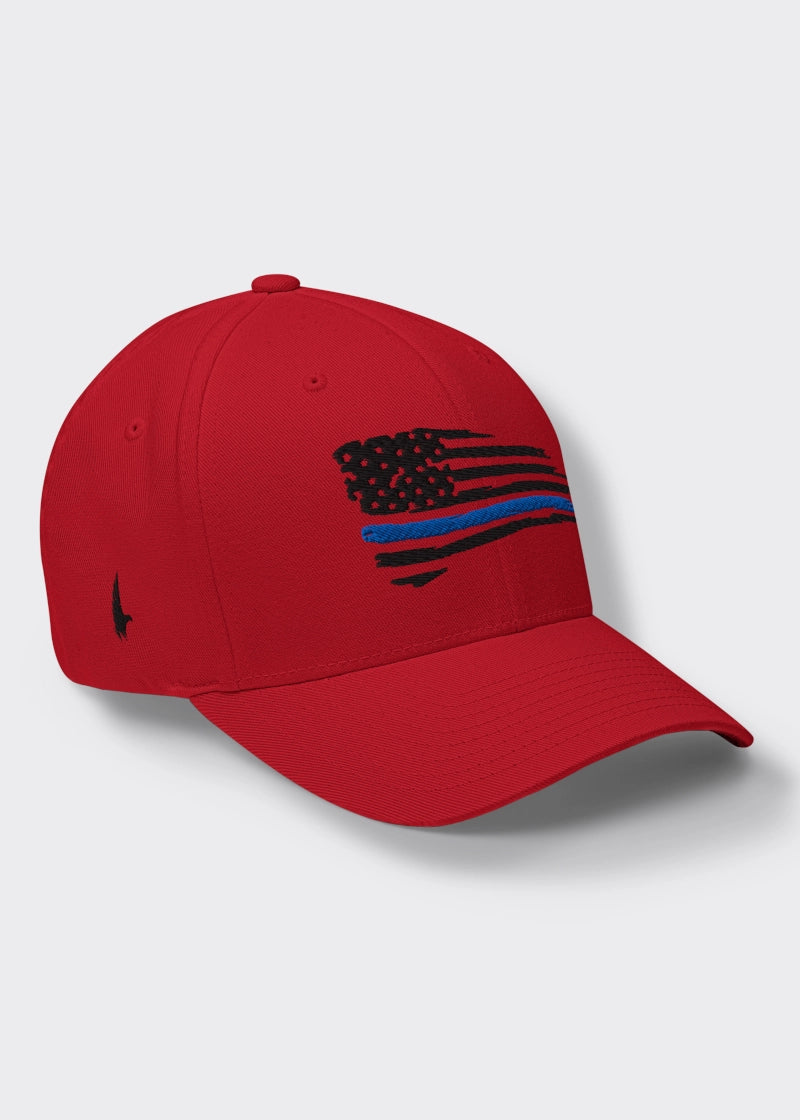 Distressed Blue Line American Flag Fitted Hat - Red/Black - Loyalty Vibes