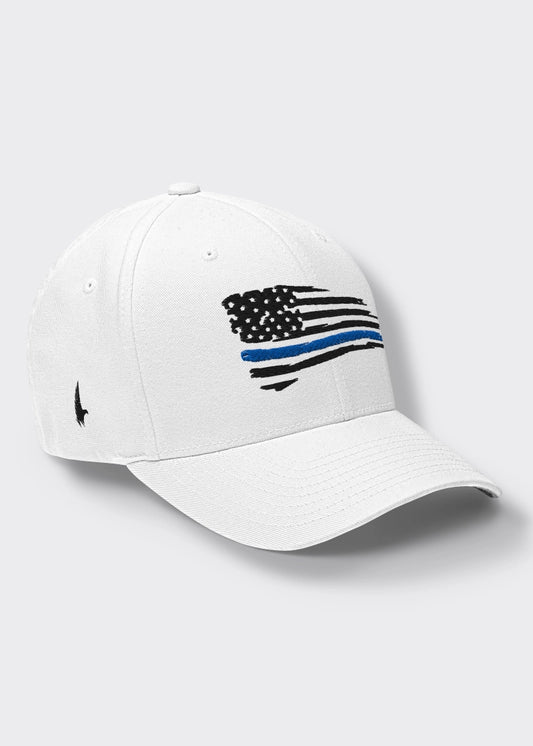 Distressed Blue Line American Flag Fitted Hat - White - Loyalty Vibes