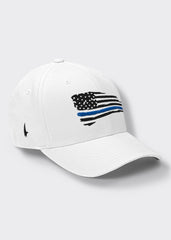 Distressed Blue Line American Flag Fitted Hat - White - Loyalty Vibes