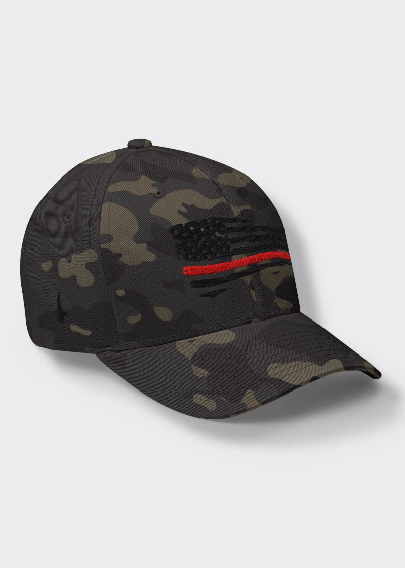 Distressed Red Line American Flag Fitted Hat - Black Camo/Black - Loyalty Vibes