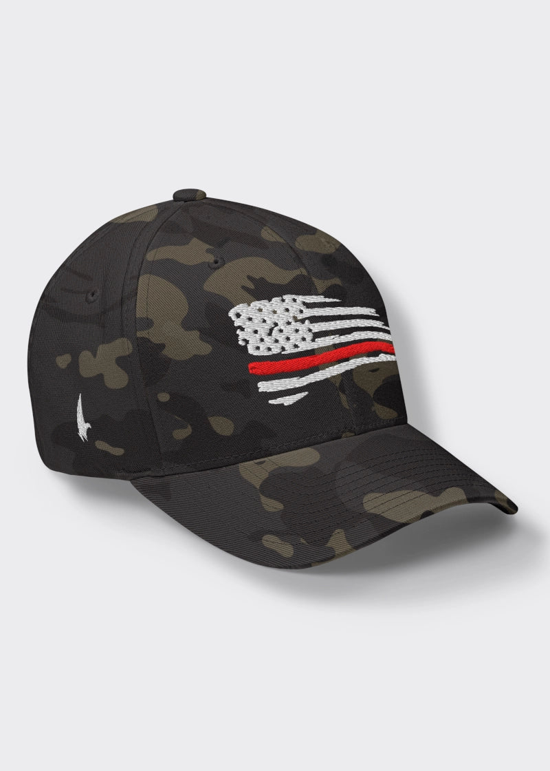 Distressed Red Line American Flag Fitted Hat - Black Camo - Loyalty Vibes