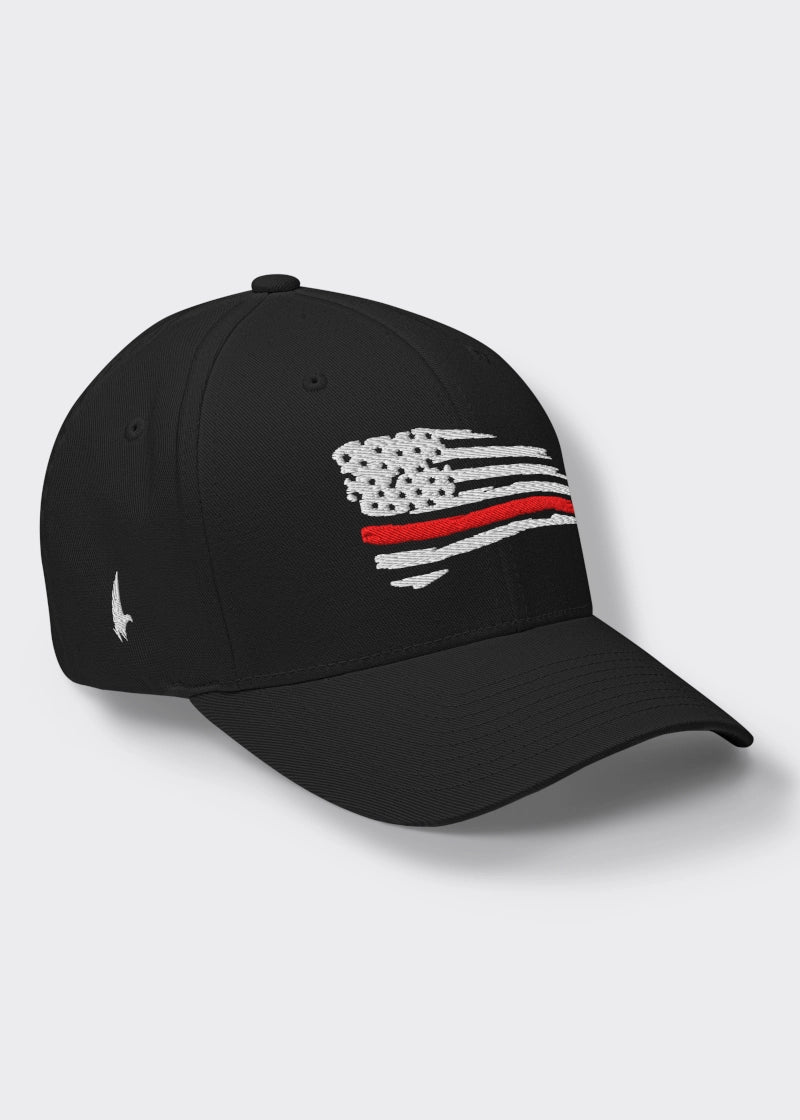 Distressed Red Line American Flag Fitted Hat - Black - Loyalty Vibes