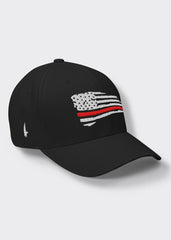 Distressed Red Line American Flag Fitted Hat - Black - Loyalty Vibes