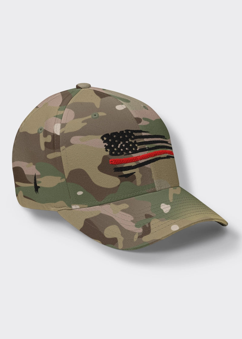 Distressed Red Line American Flag Fitted Hat - Camo/Black - Loyalty Vibes