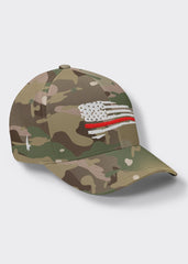 Distressed Red Line American Flag Fitted Hat - Camo - Loyalty Vibes