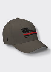 Distressed Red Line American Flag Fitted Hat - Charcoal Grey/Black - Loyalty Vibes