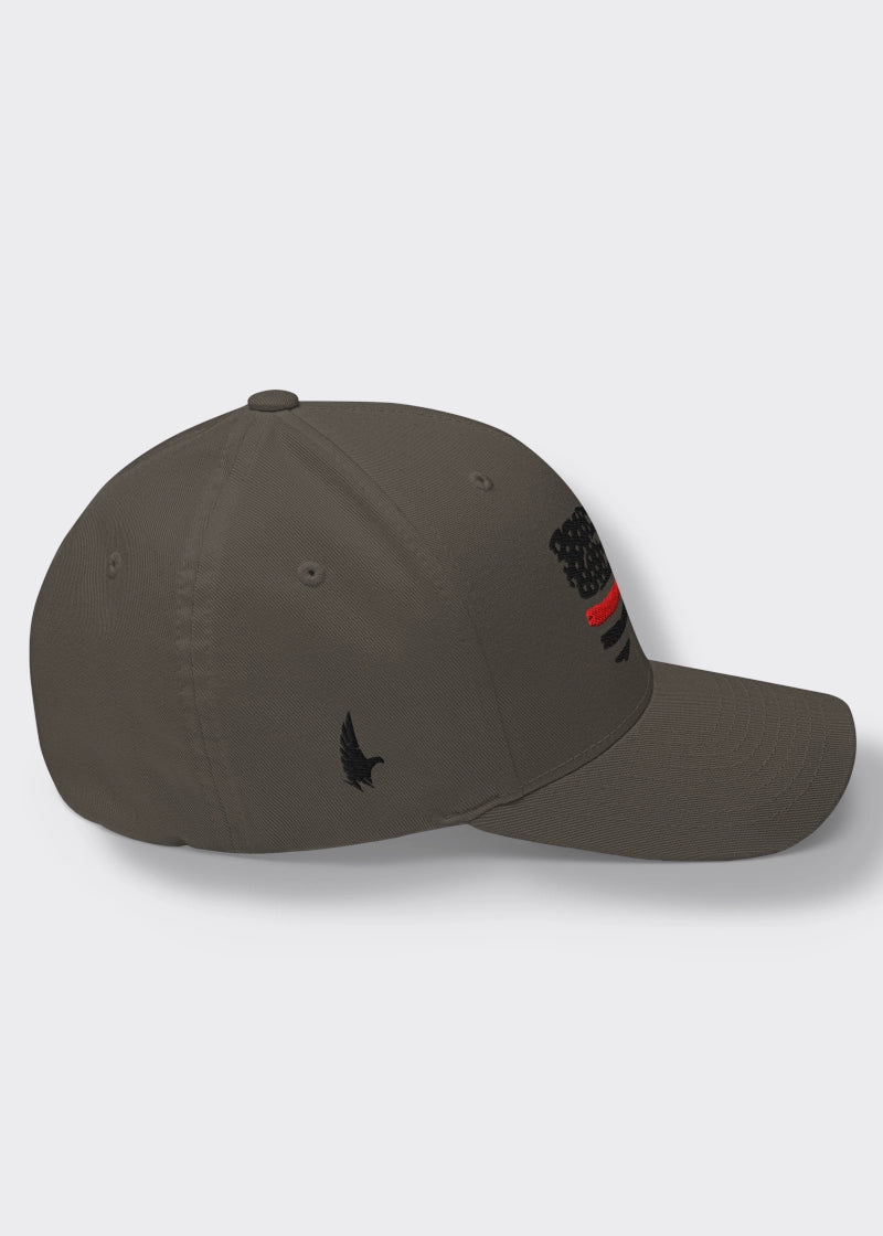 Distressed Red Line American Flag Fitted Hat - Charcoal Grey/Black - Sideview - Loyalty Vibes