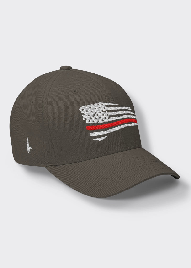 Distressed Red Line American Flag Fitted Hat - Charcoal Grey - Loyalty Vibes