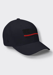 Distressed Red Line American Flag Fitted Hat - Navy Blue/Black - Loyalty Vibes