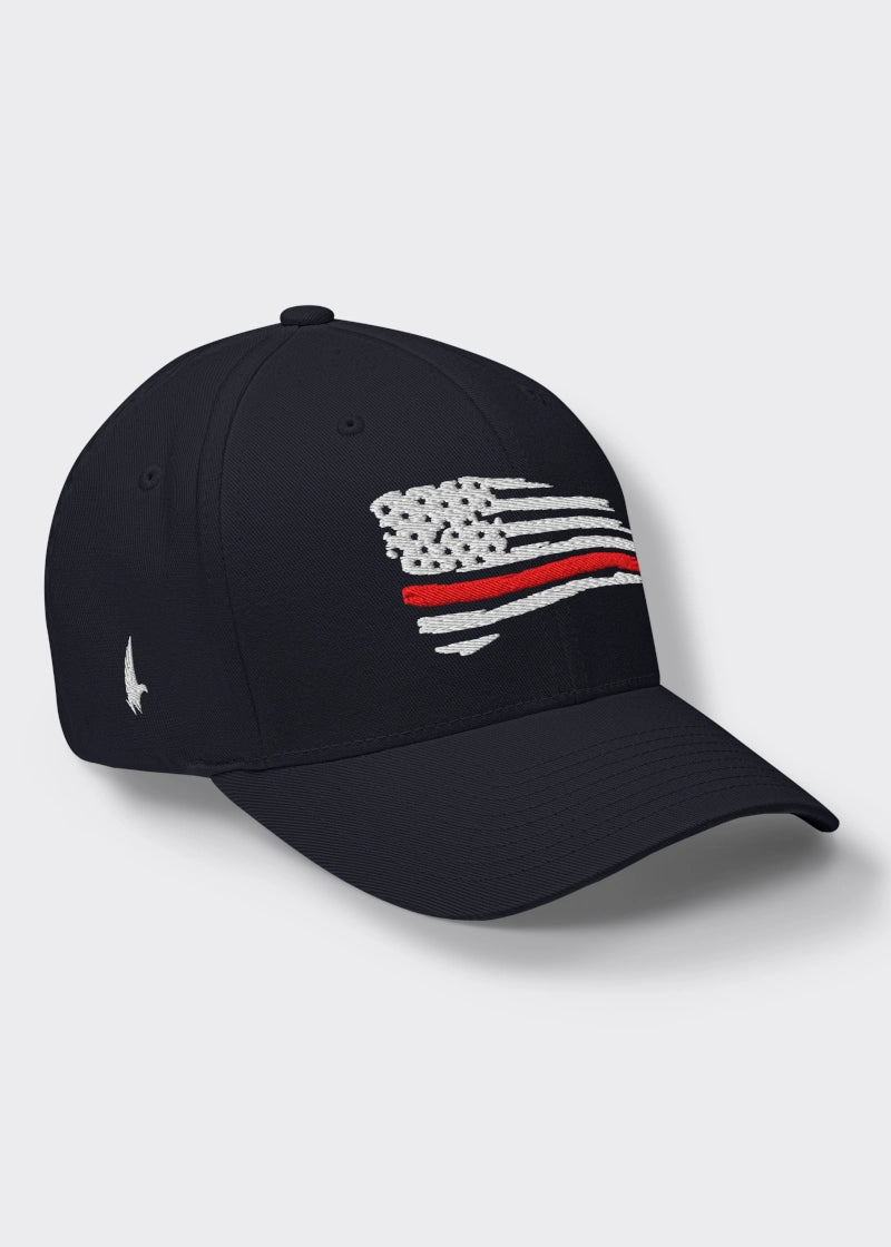 Distressed Red Line American Flag Fitted Hat - Navy Blue - Loyalty Vibes