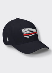 Distressed Red Line American Flag Fitted Hat - Navy Blue - Loyalty Vibes