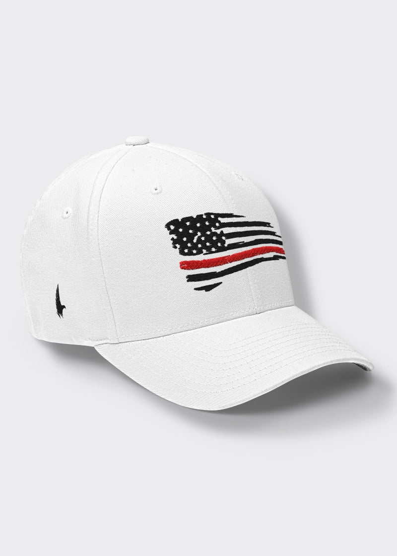 Distressed Red Line American Flag Fitted Hat - White - Loyalty Vibes