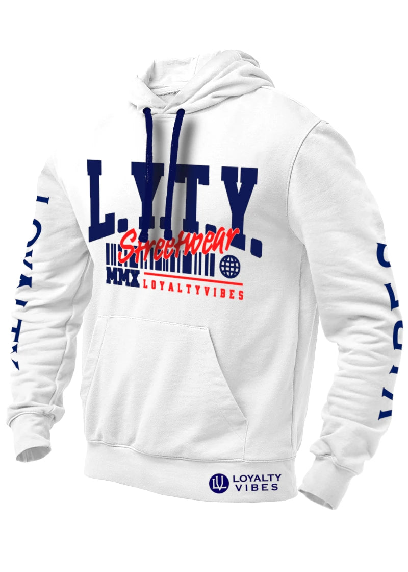 District Logo Graphic Hoodie White Navy Blue - Loyalty Vibes