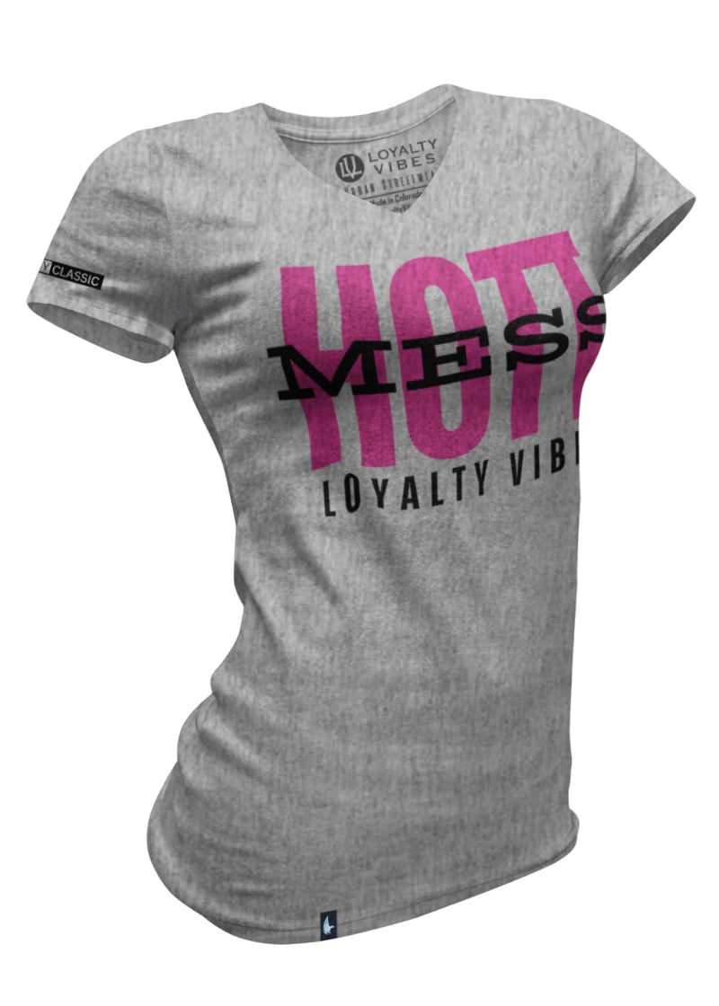 Hott Mess V-Neck Tee - Heather Grey/Pink - Loyalty Vibes