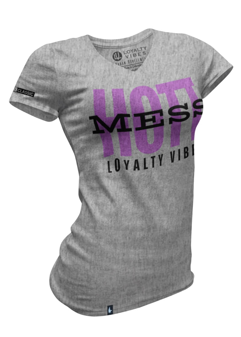 Hott Mess V-Neck Tee - Heather Grey/Purple - Loyalty Vibes