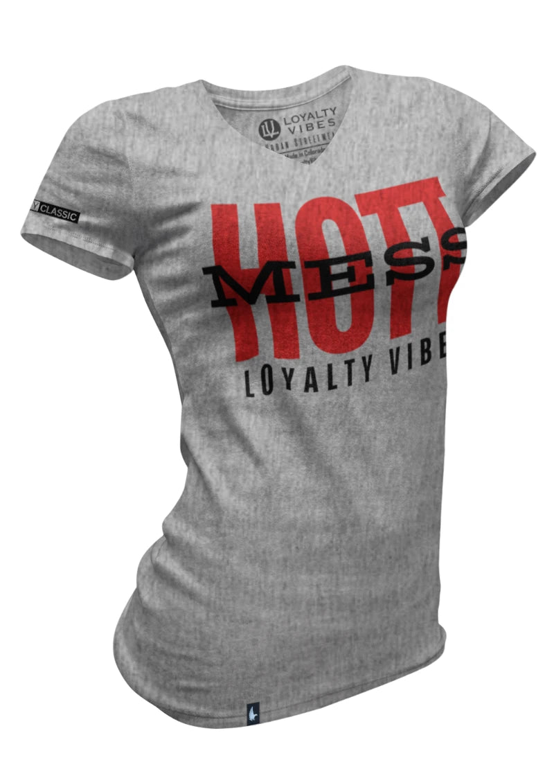 Hott Mess V-Neck Tee - Heather Grey/Red - Loyalty Vibes