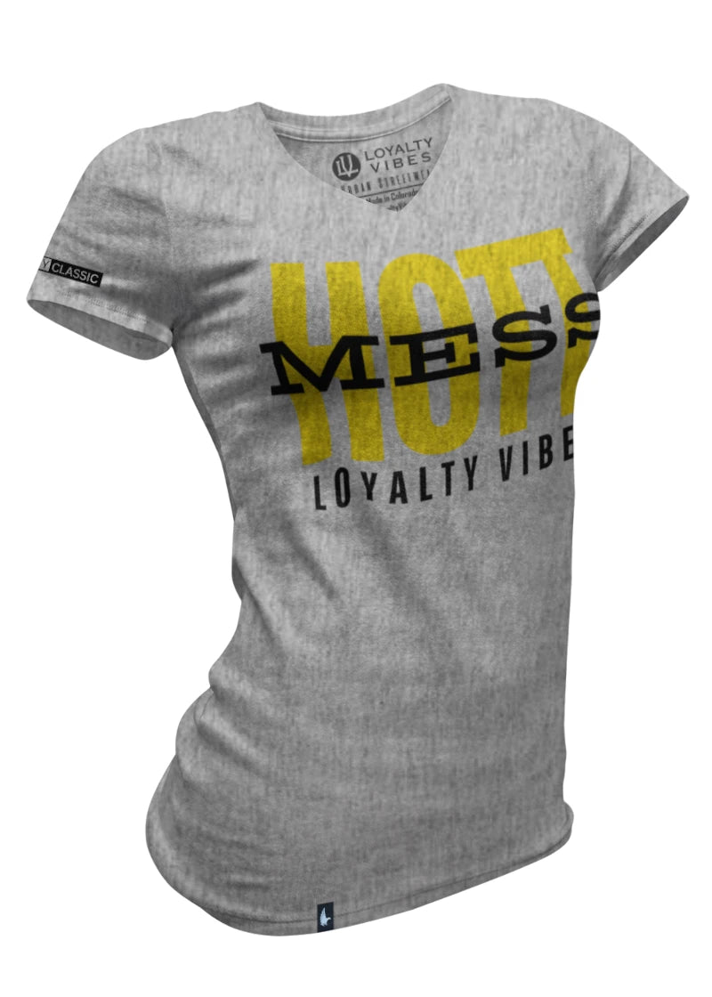 Hott Mess V-Neck Tee - Heather Grey/Yellow - Loyalty Vibes