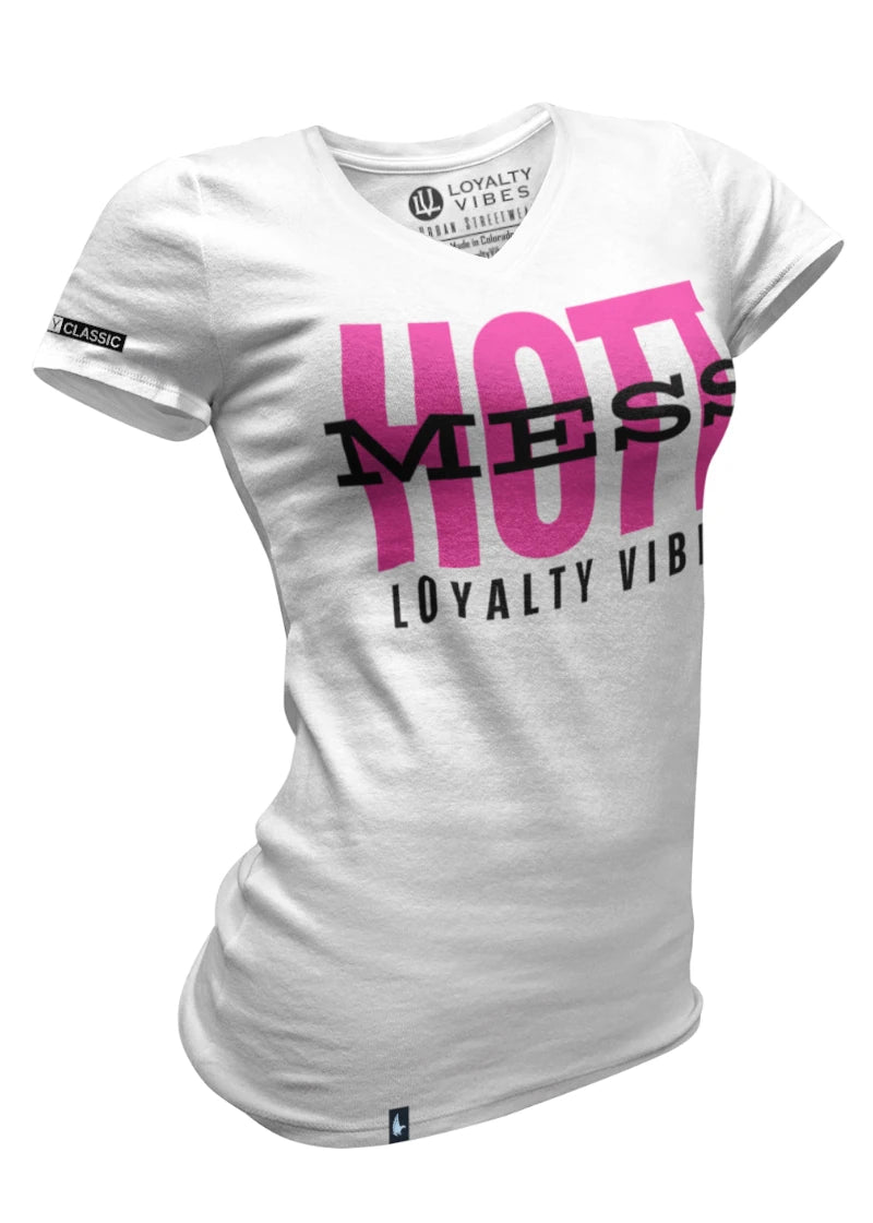 Hott Mess V-Neck Tee - White/Pink - Loyalty Vibes