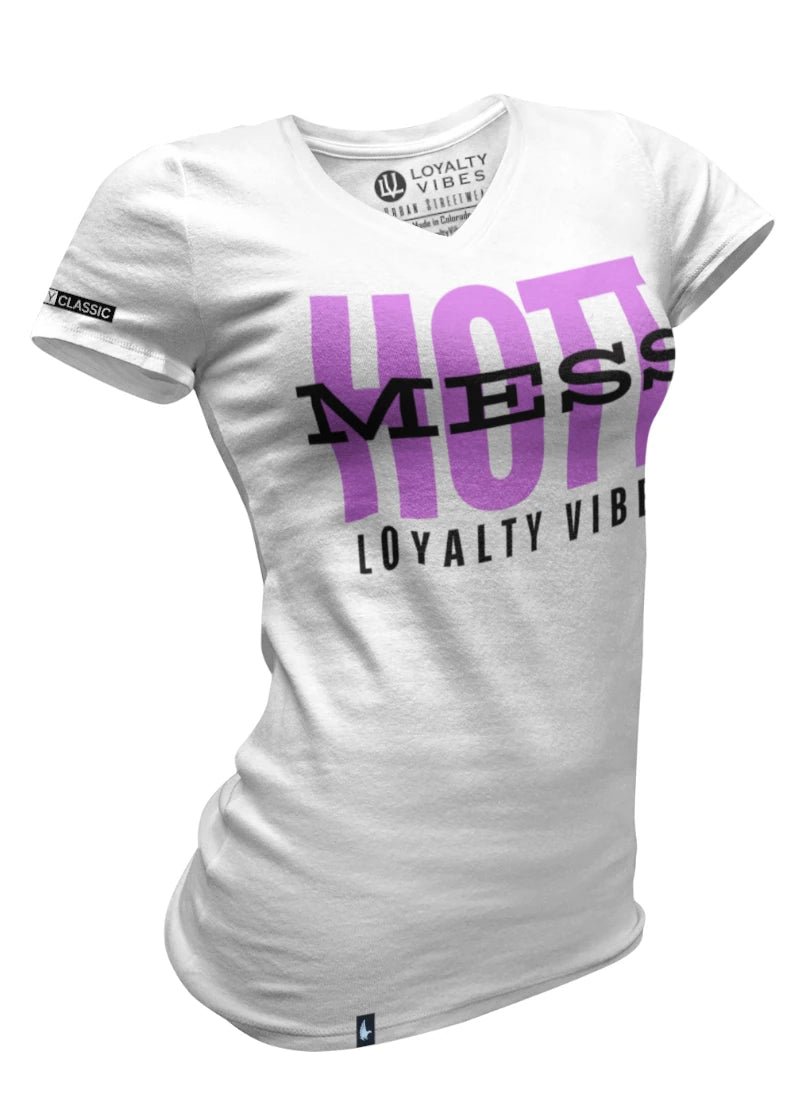 Hott Mess V-Neck Tee - White/Purple - Loyalty Vibes