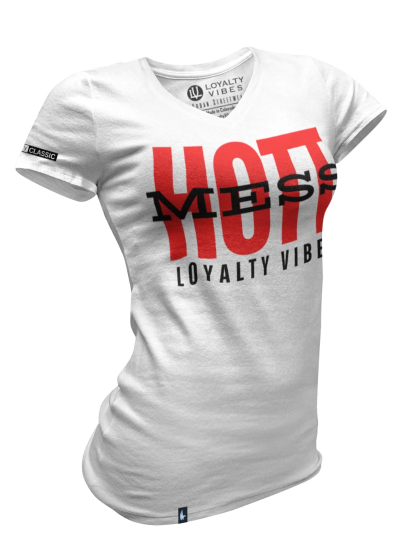 Hott Mess V-Neck Tee - White/Red - Loyalty Vibes