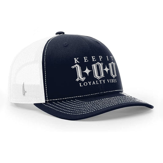 Keep It 100 Trucker Hat White Navy Blue OS - Loyalty Vibes
