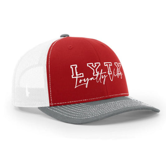 Loyalty Vibes Varsity Logo Trucker Hat White Red Grey OS Adjustable - Loyalty Vibes