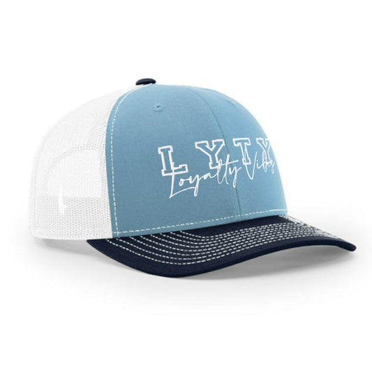 LOYALTY VIBES Varsity Logo Trucker Hat White Sky Blue Navy Blue OS Adjustable - Loyalty Vibes