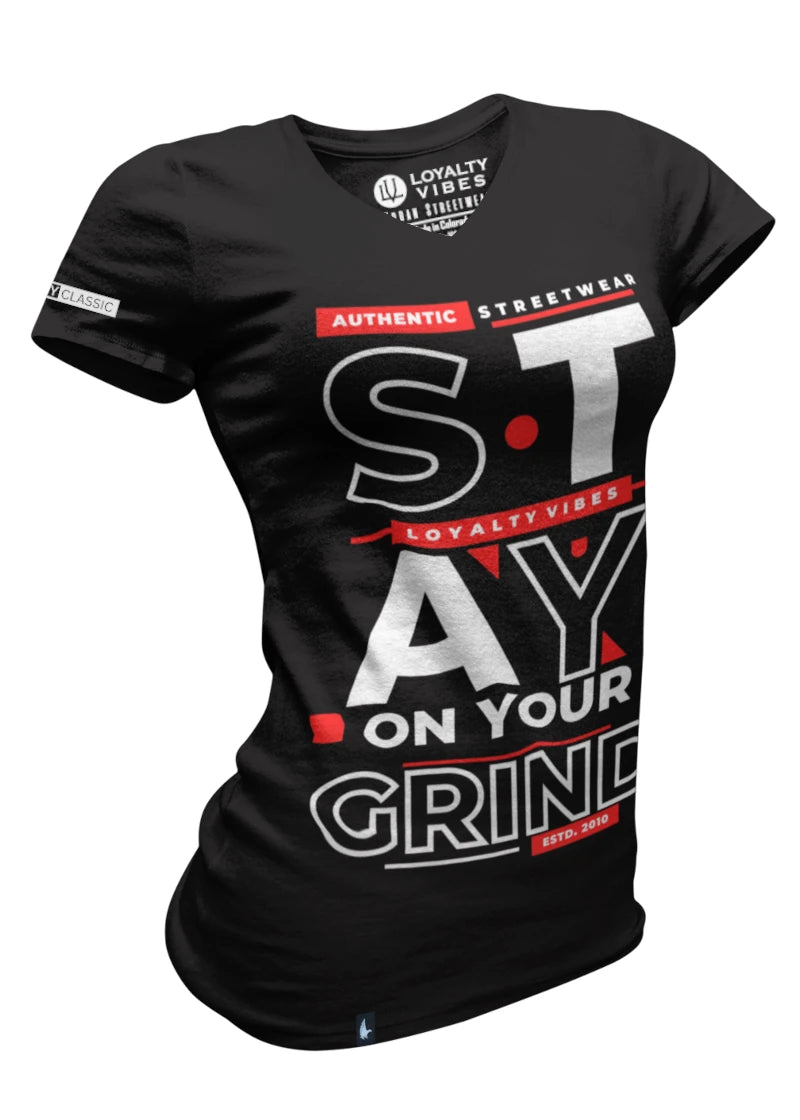 Stay On Your Grind V-Neck Tee Black Red - Loyalty Vibes