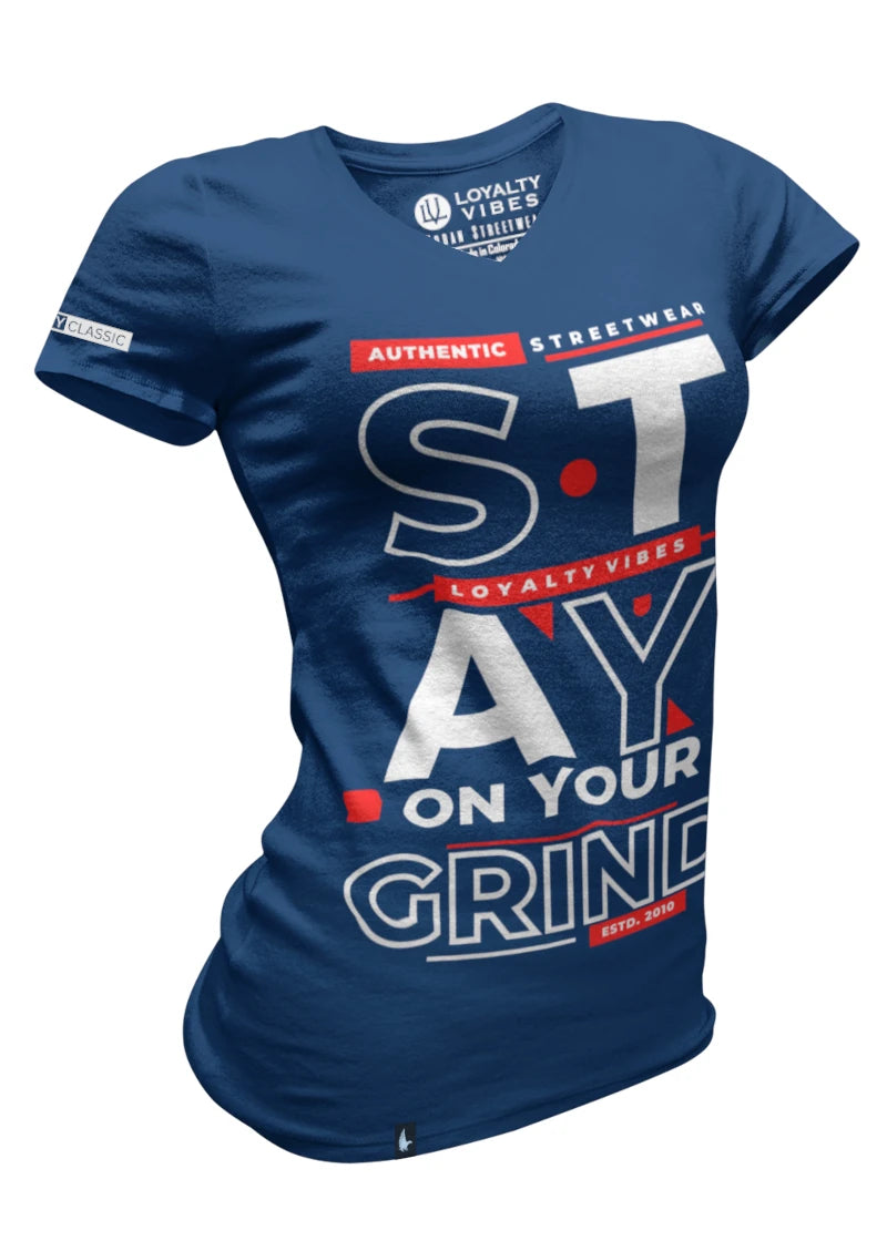 Stay On Your Grind V-Neck Tee Navy Blue - Loyalty Vibes