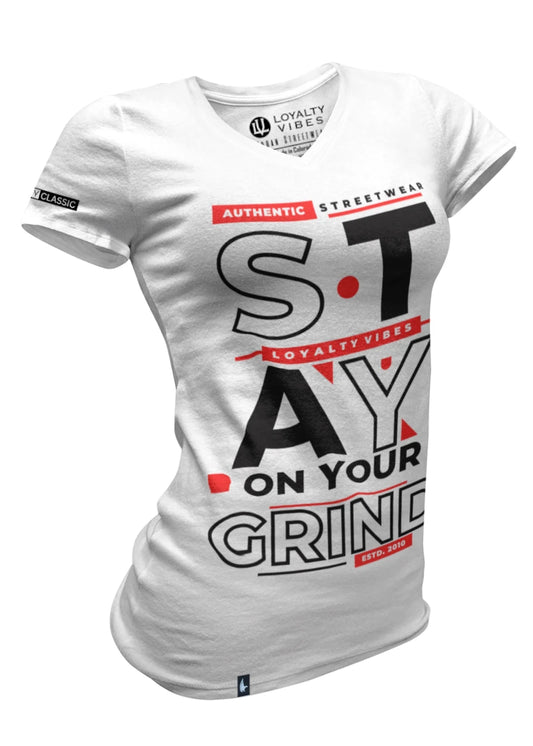 Stay On Your Grind V-Neck Tee White - Loyalty Vibes