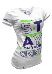 Stay On Your Grind V-Neck Tee White Navy Blue Green - Loyalty Vibes