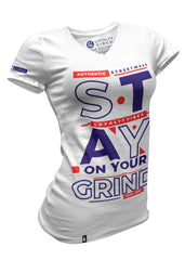 Stay On Your Grind V-Neck Tee White Navy Blue Red - Loyalty Vibes